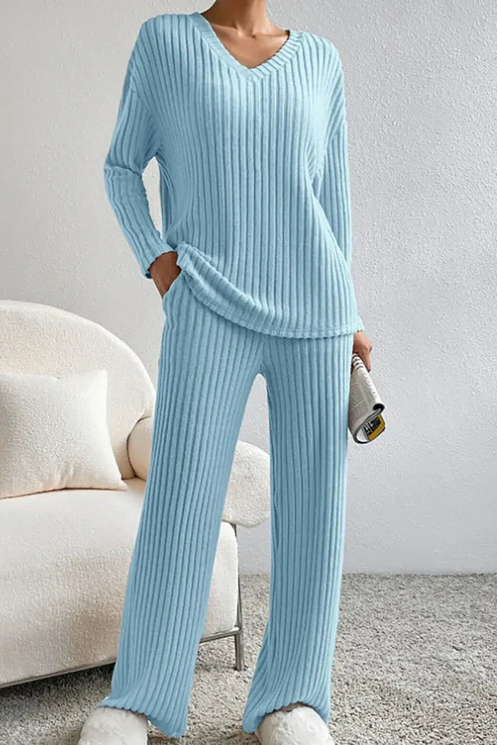 Women's Ribbed Knit V-Neck Two-Piece Lounge Set
