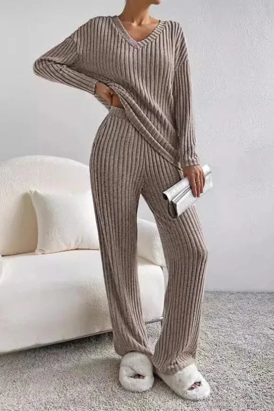 Women's Ribbed Knit V-Neck Two-Piece Lounge Set