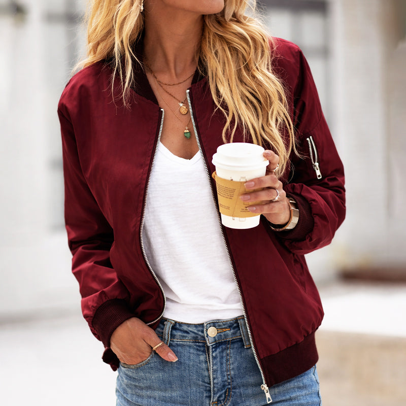 Women's Ribbed Trim Zip-Up Bomber Jacket