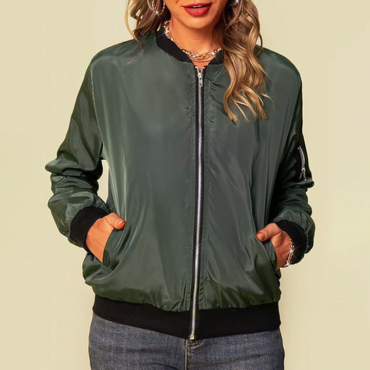 Women's Ribbed Trim Zip-Up Bomber Jacket
