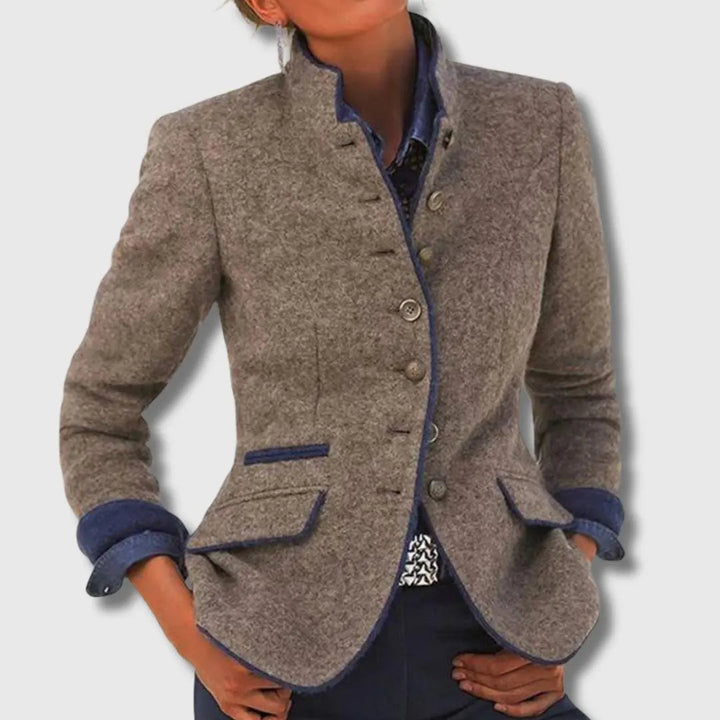 Women's Stand Collar Contrast Trim Wool Blazer