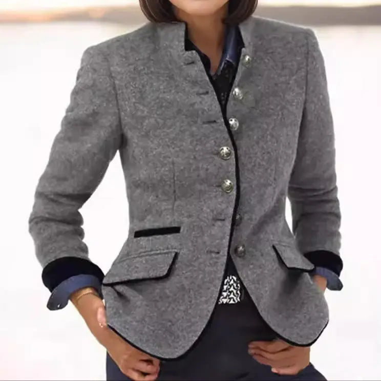 Women's Stand Collar Contrast Trim Wool Blazer
