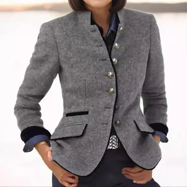 Women's Stand Collar Contrast Trim Wool Blazer
