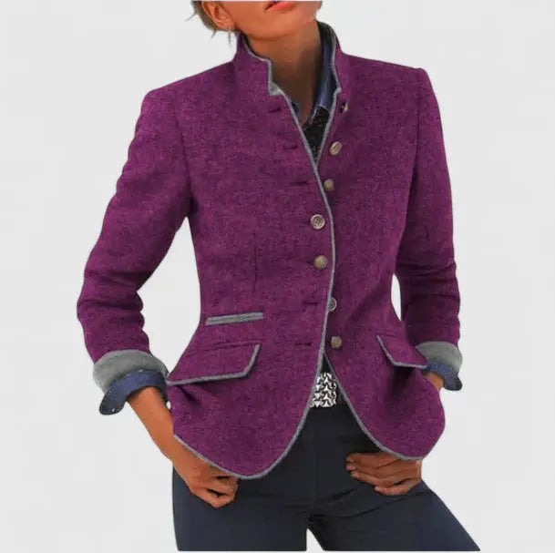 Women's Stand Collar Contrast Trim Wool Blazer