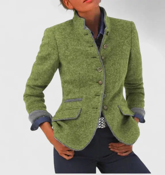 Women's Stand Collar Contrast Trim Wool Blazer