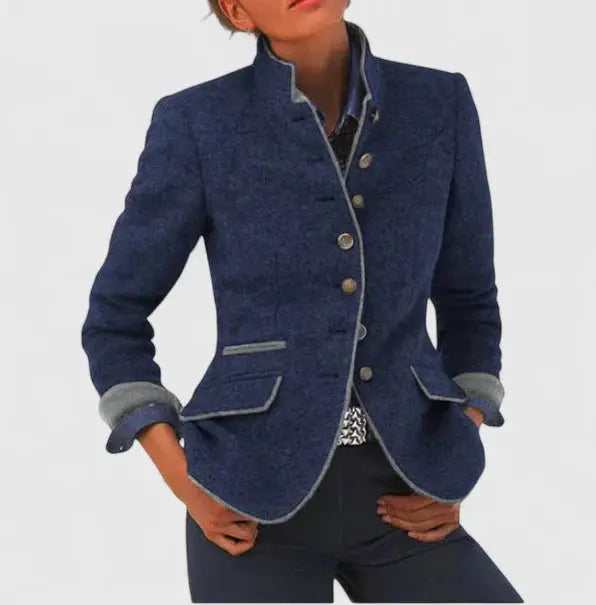 Women's Stand Collar Contrast Trim Wool Blazer